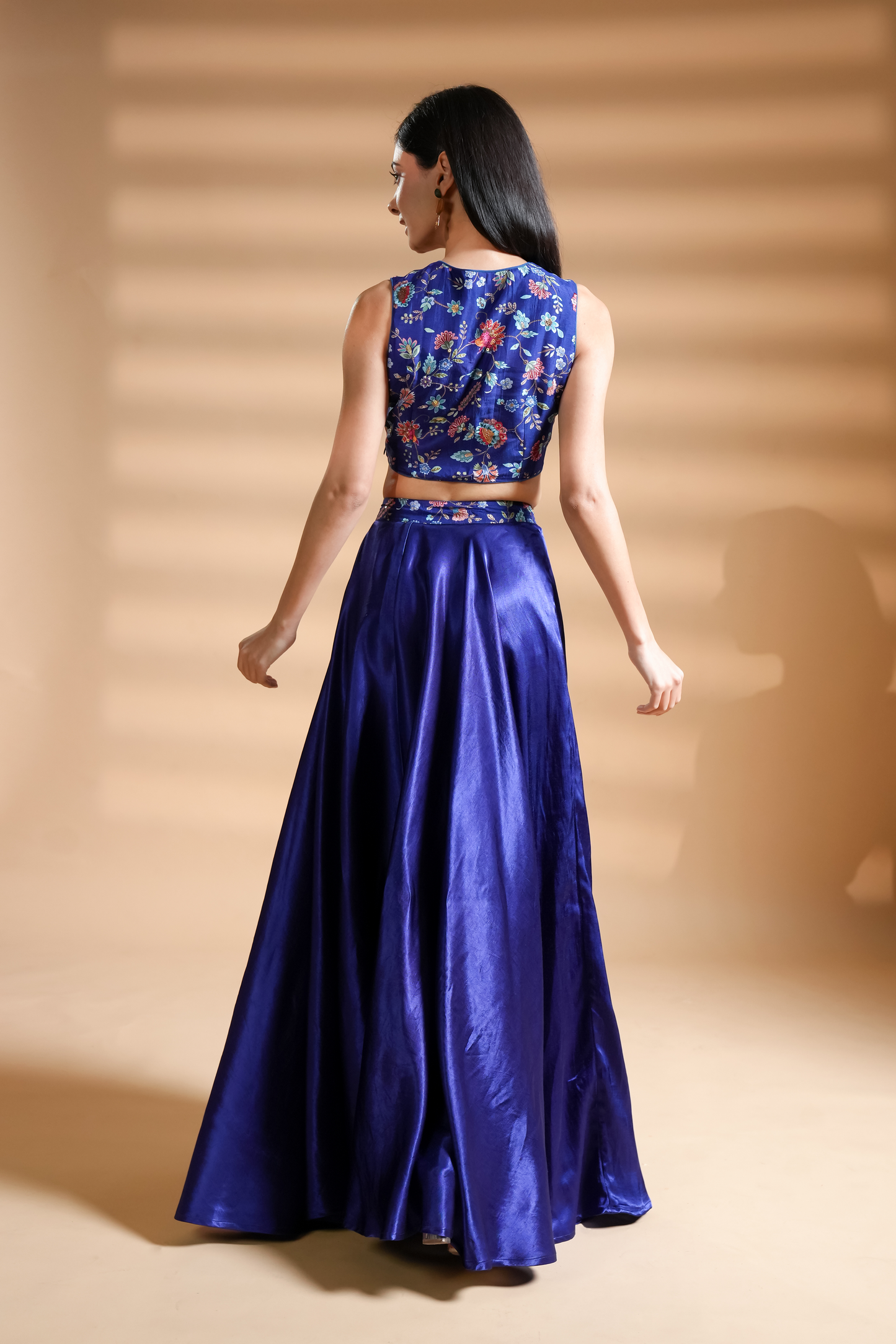 Designer Floral Embroidered Blue Silk Skirt Set