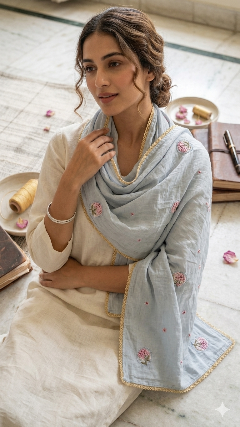 Serene Blue Floral Embroidered Mul Chanderi Lace Stole