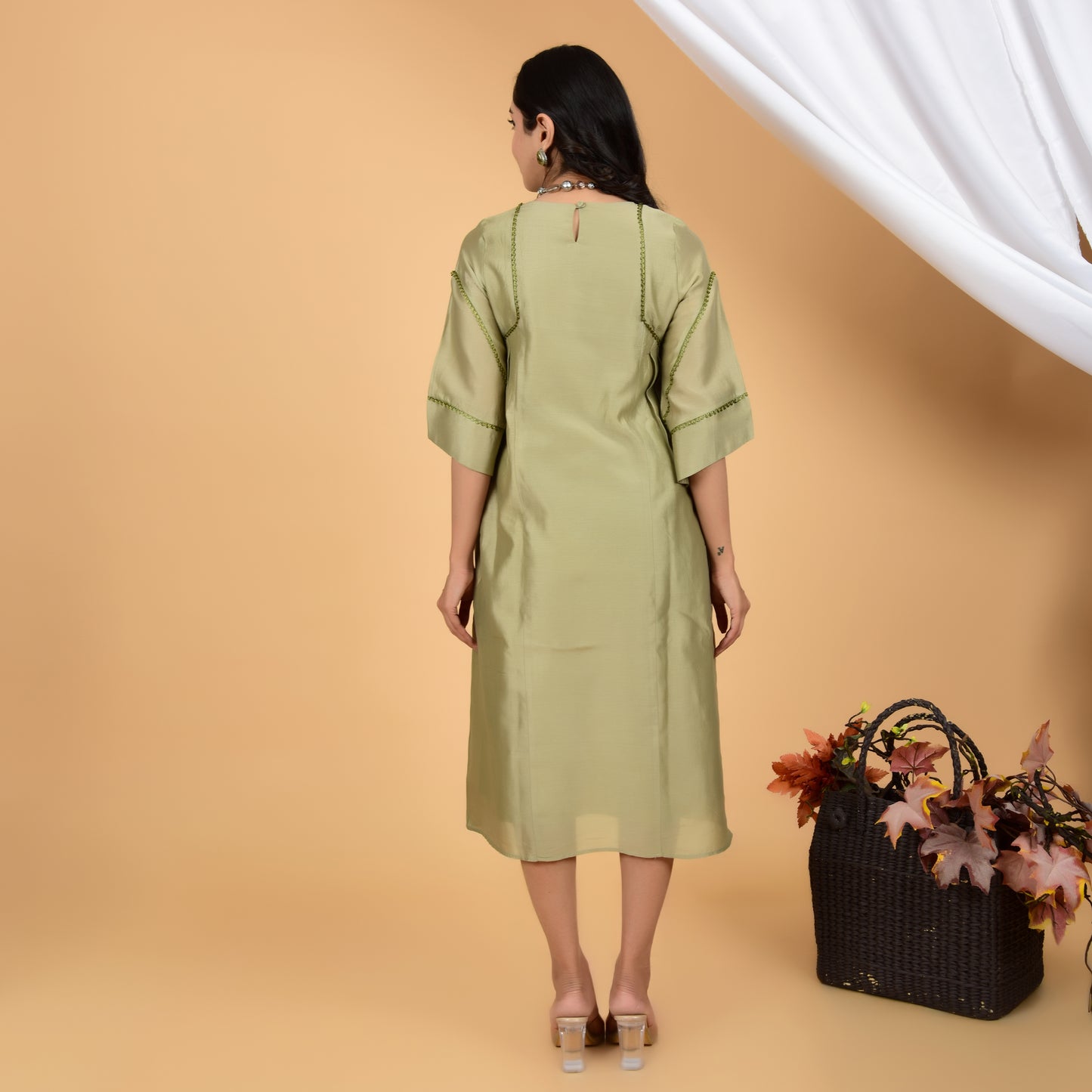 Earthy Green Chanderi Ethnic Dress