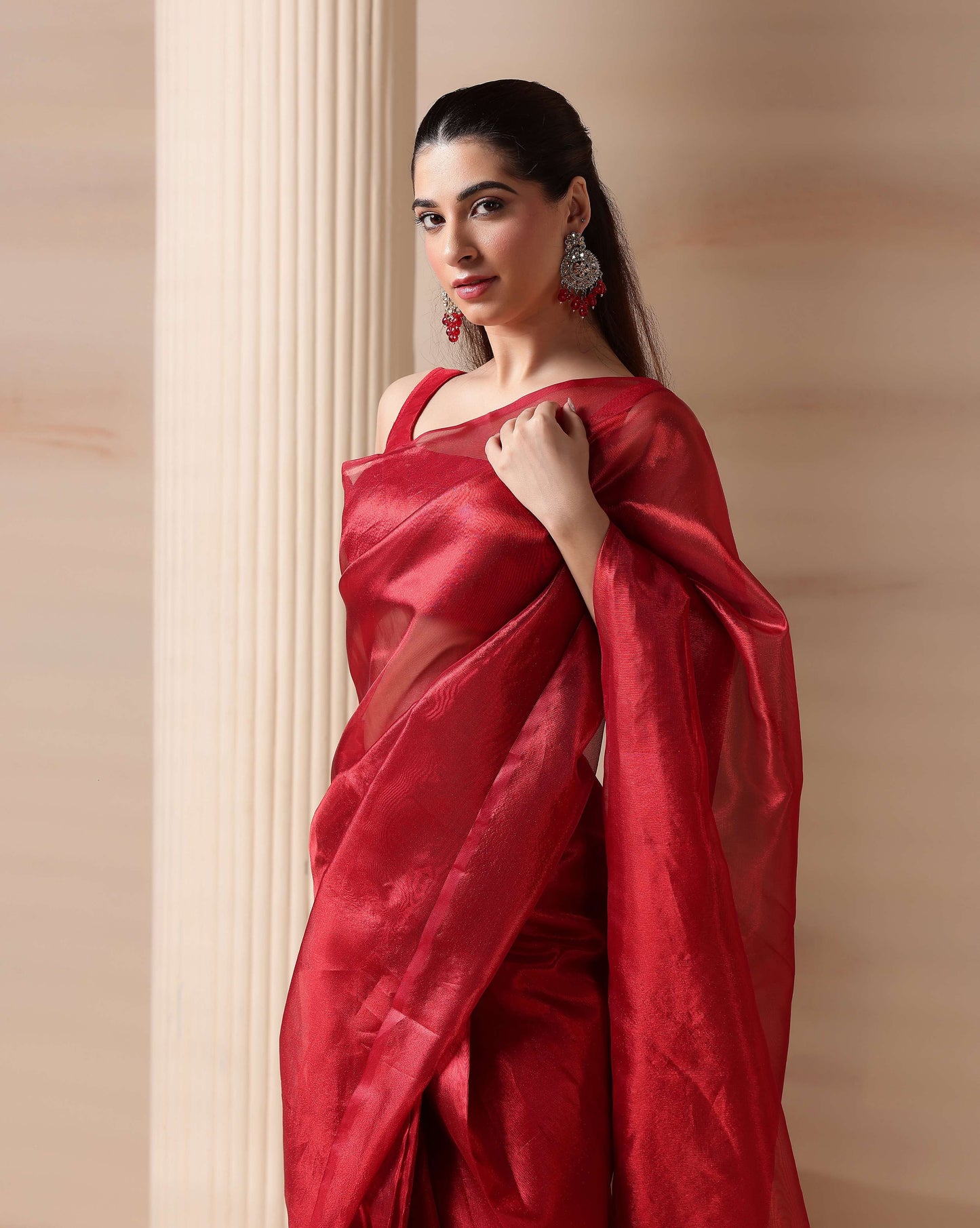 Elegant Red Glow Premium Tissue Saree with Blouse Fabric