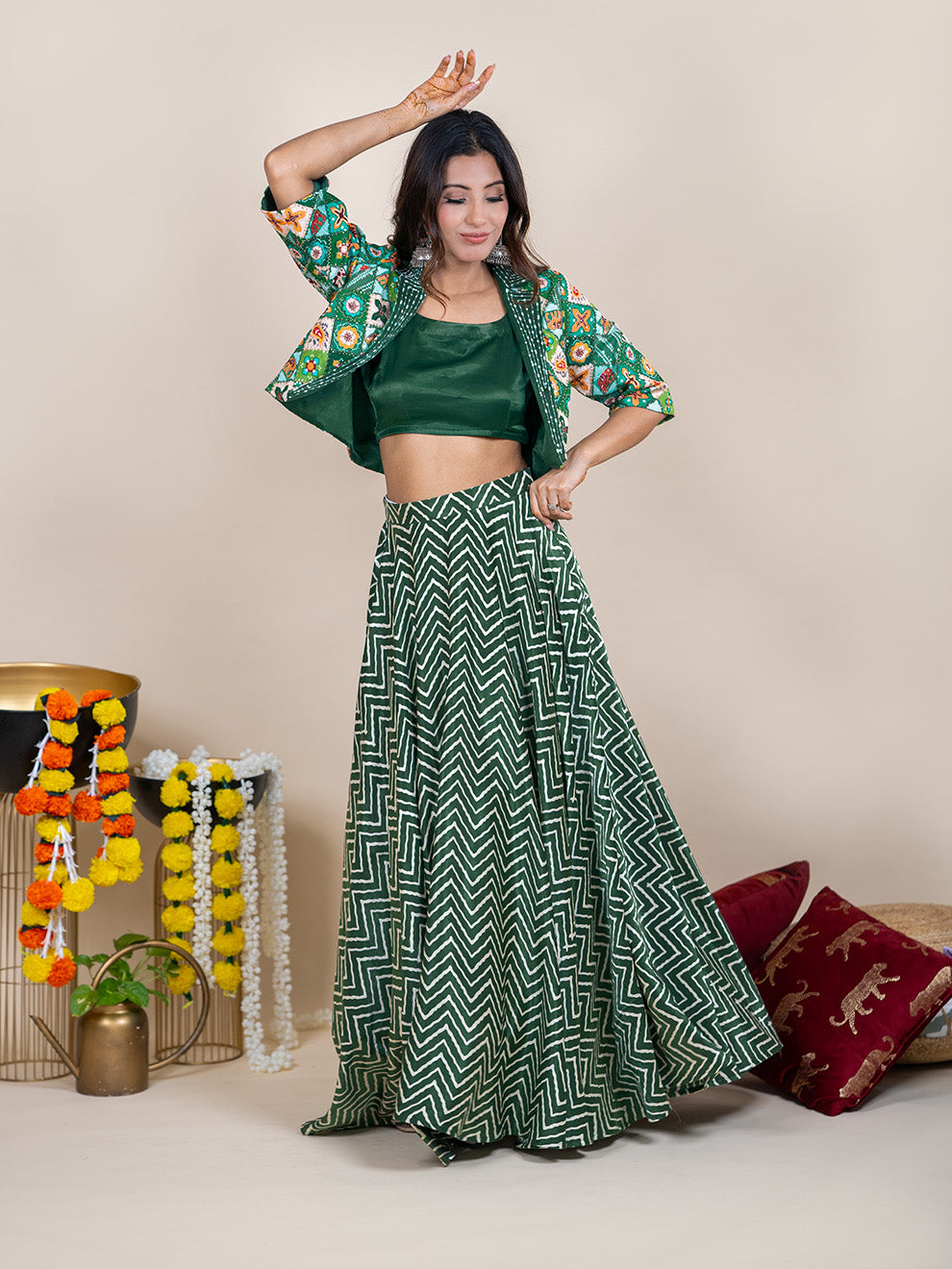 Enchanting Green Silk 3-piece Lehenga Set with Hand-Embroidered Jacket