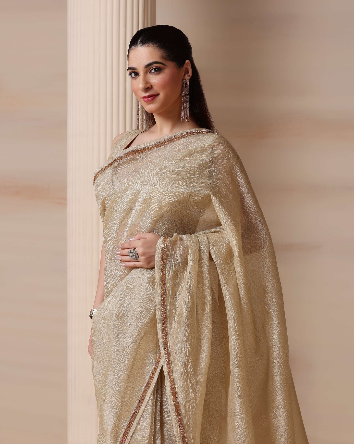 Regal Silver Gold Shimmer Embellished Crush Tissue Saree with Blouse Fabric