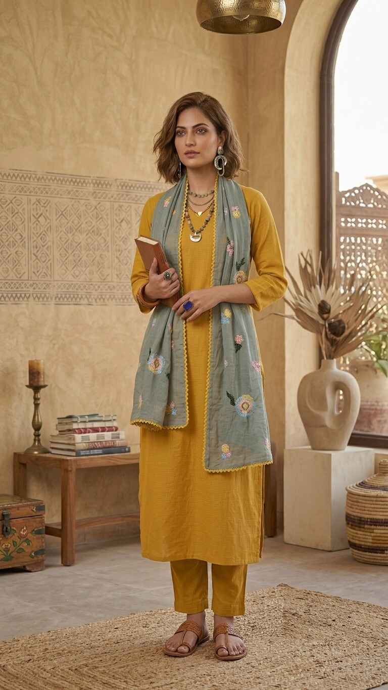Boho Bloom Floral Mul Chanderi Embroidered Lace Stole
