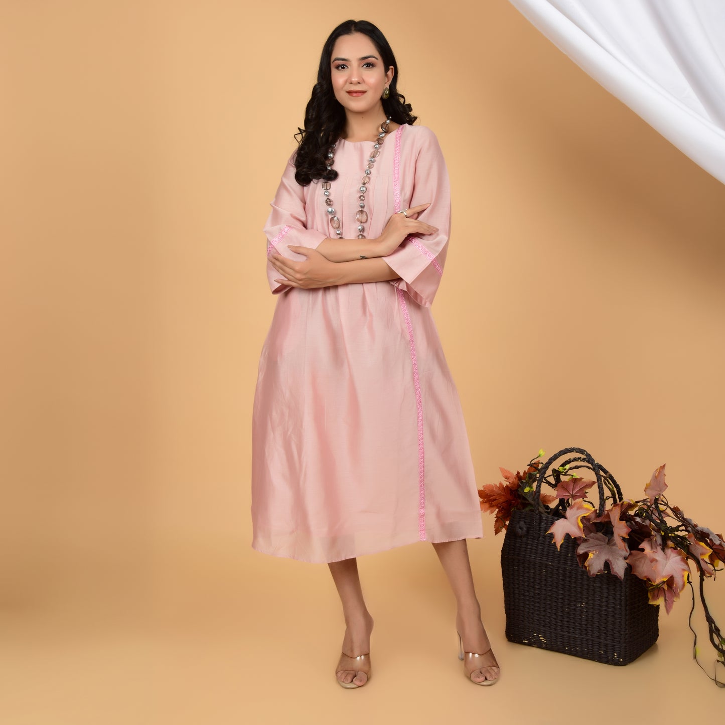 Summer Breeze Peach Lace Chanderi Dress