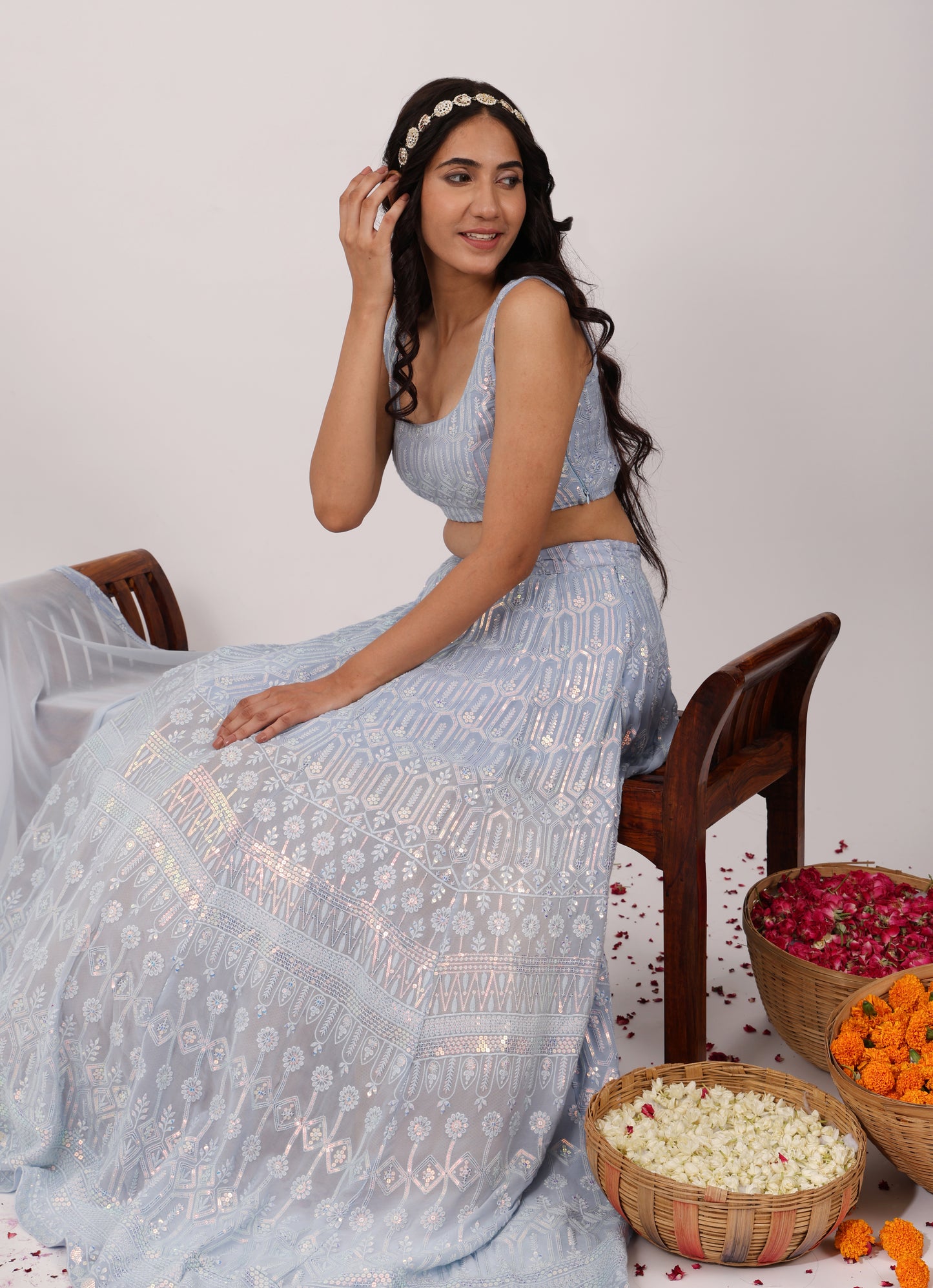 Lavish Heavy Embroidered Chikankari Lehenga Set (Set of 3)