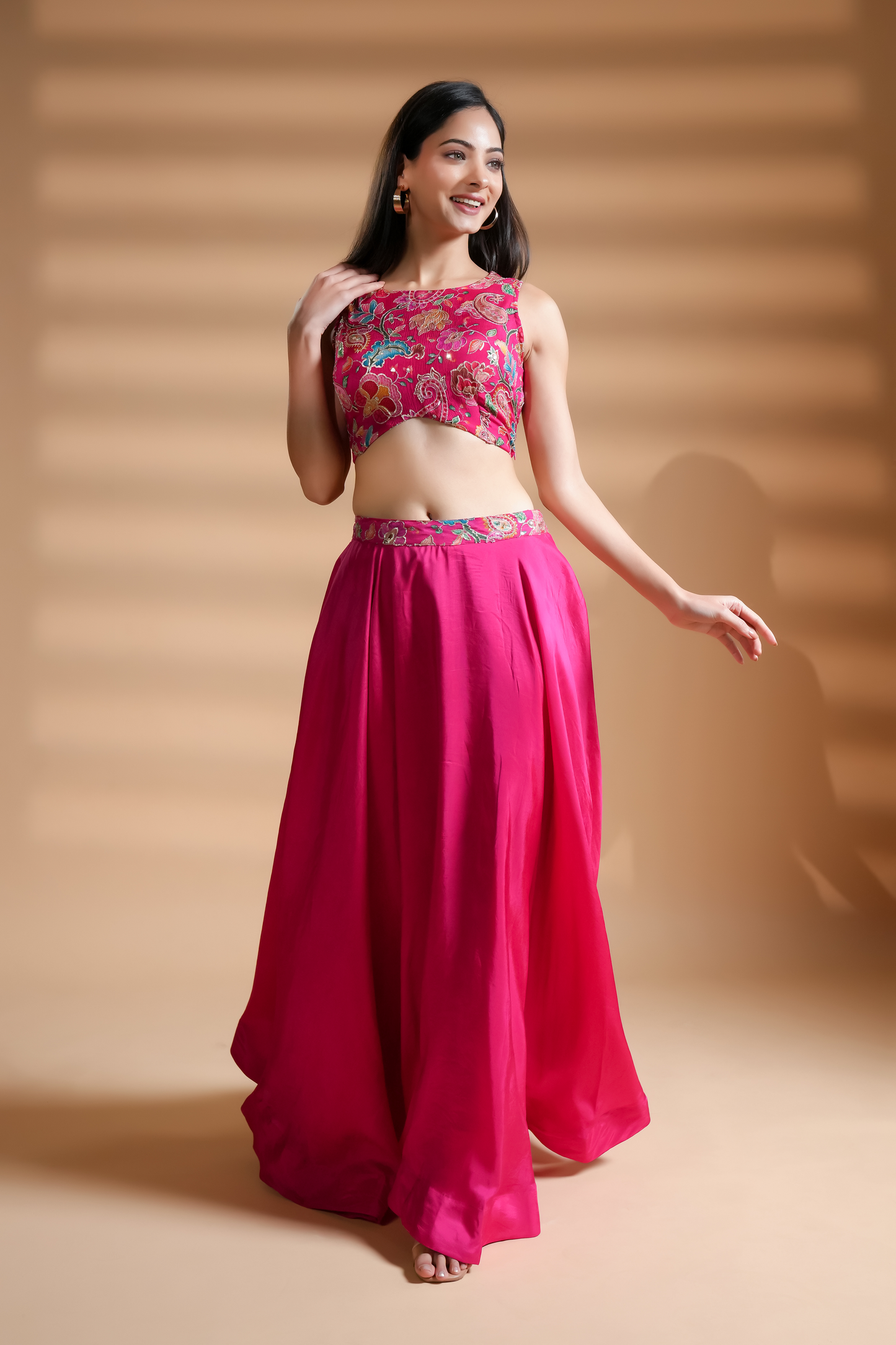 Azalea Pink Floral Embroidered Silk Skirt Set