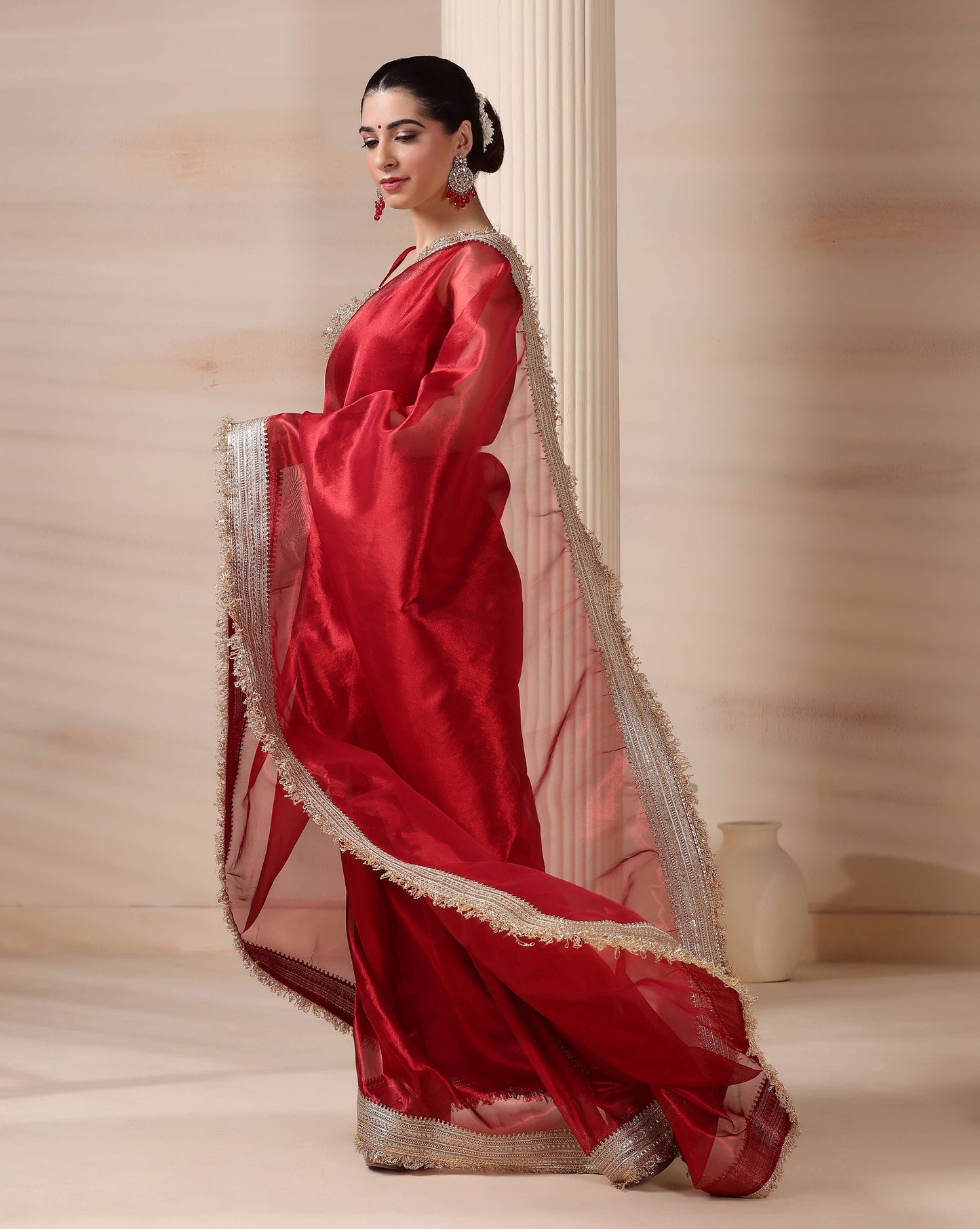 Ravishing Scarlet Radiance Tissue Saree with Luxe Hand Embellished Border