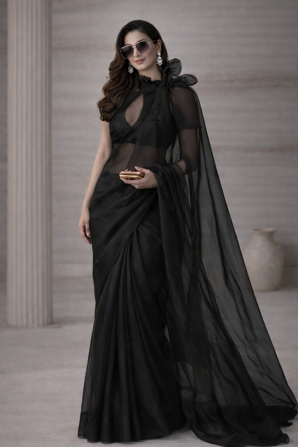 Luxury Black Organza Cocktail Saree with Blouse Fabric