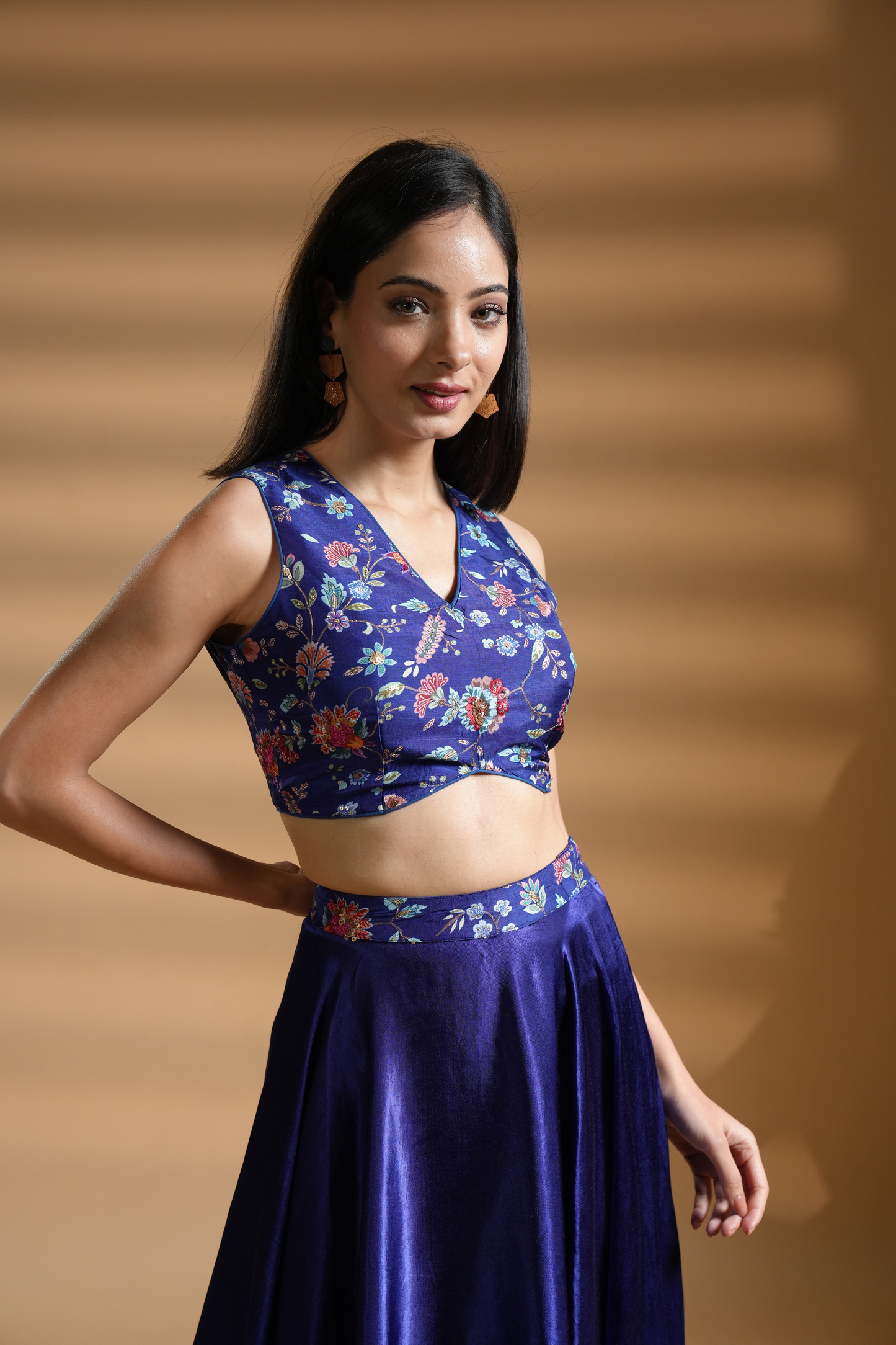 Designer Floral Embroidered Blue Silk Skirt Set