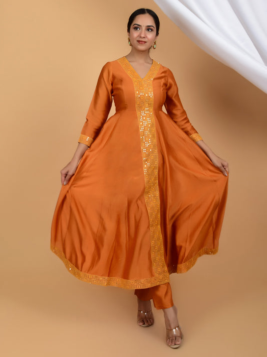 Regal Rust Pure Silk Chanderi Anarkali Ensemble (Set of 3)