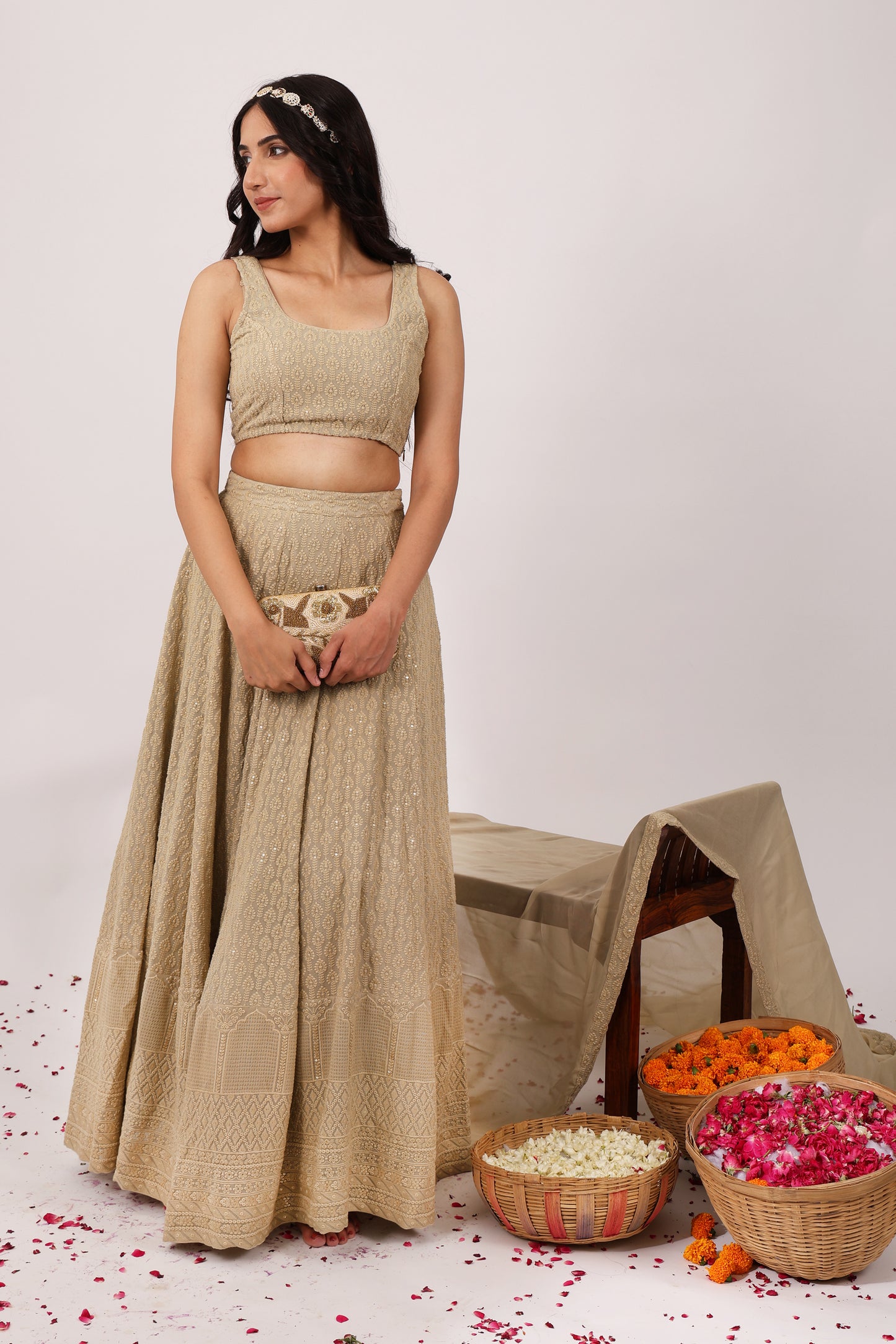 Regalia Heavy Embroidered Chikankari Lehenga Set (Set of 3)