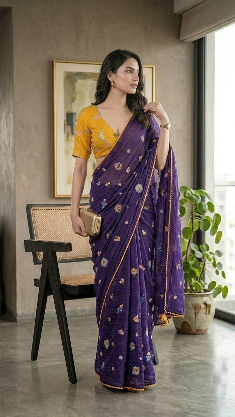 Rangrez Violet Floral Embroidered Pure Mul Chanderi Saree with Embroidered Blouse Piece