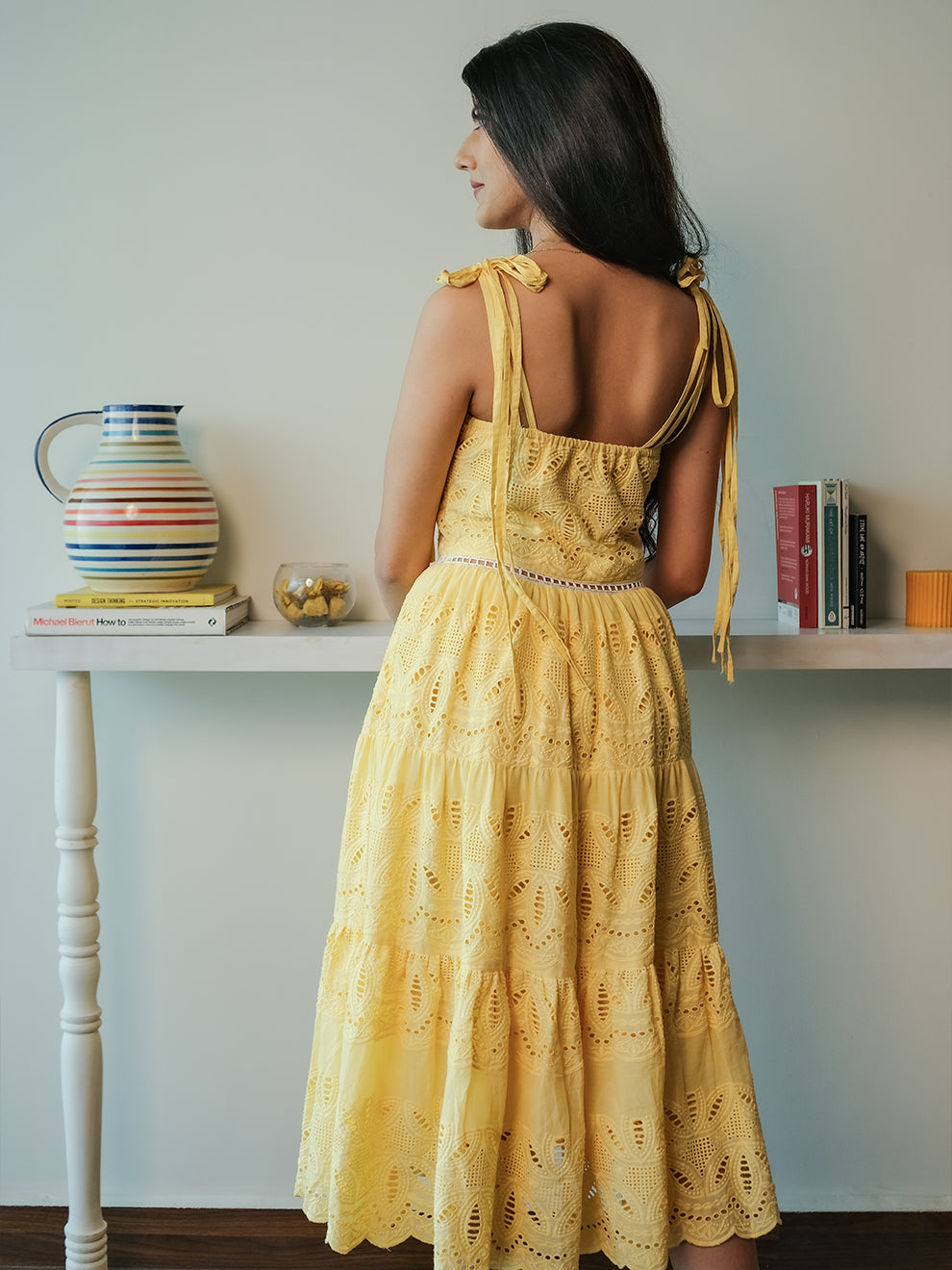 Scintillating Yellow Schiffli Embroidered Pure Cotton Dress