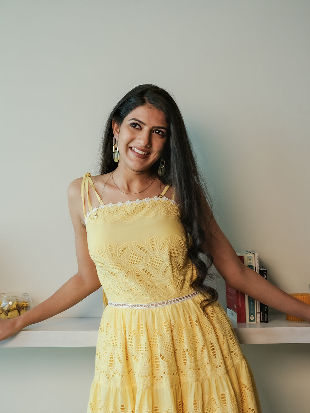 Scintillating Yellow Schiffli Embroidered Pure Cotton Dress