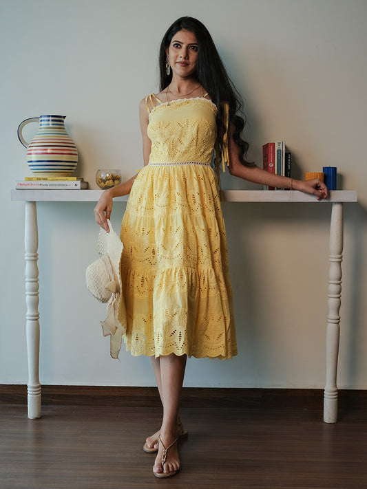 Scintillating Yellow Schiffli Embroidered Pure Cotton Dress