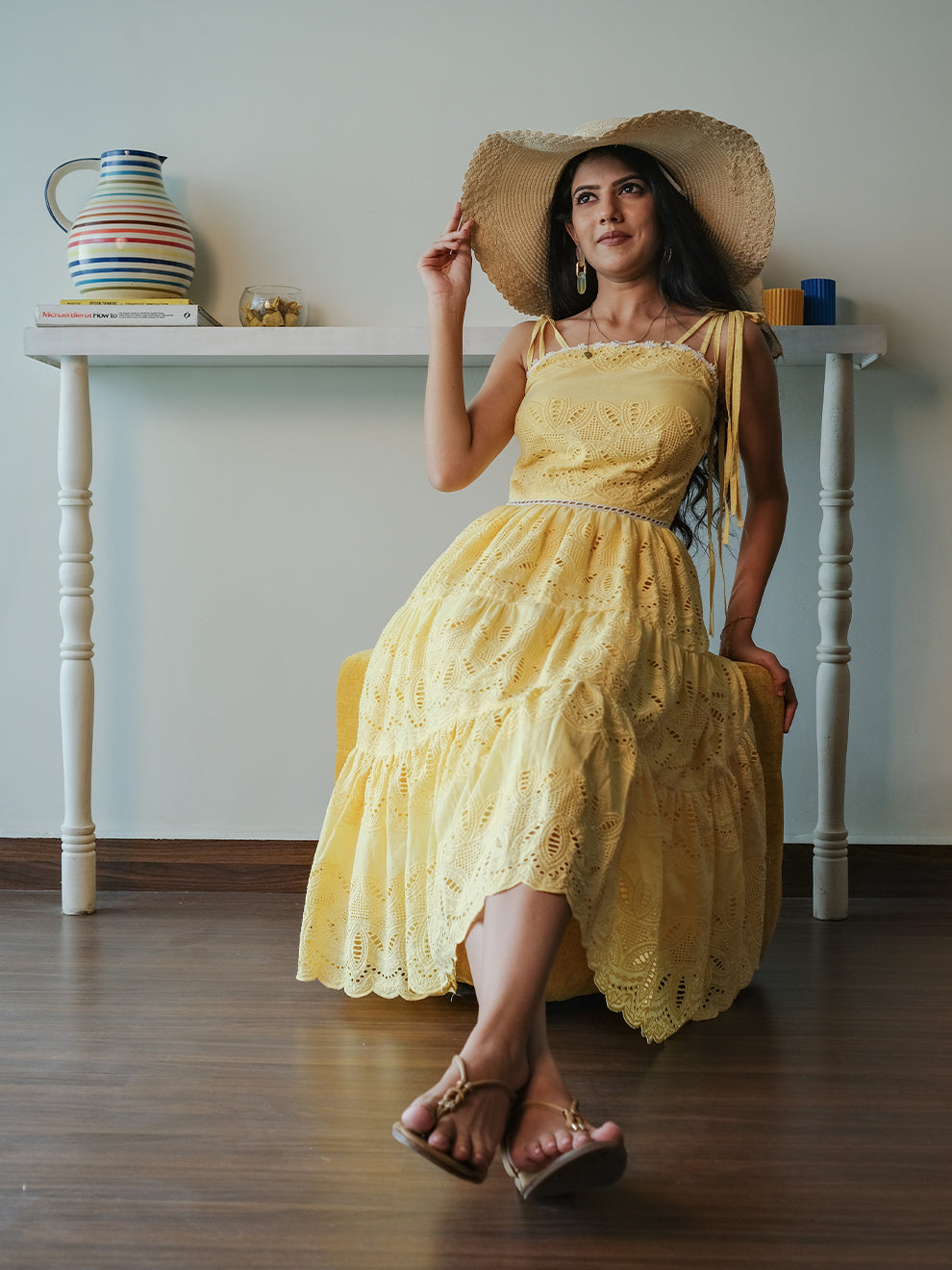 Scintillating Yellow Schiffli Embroidered Pure Cotton Dress