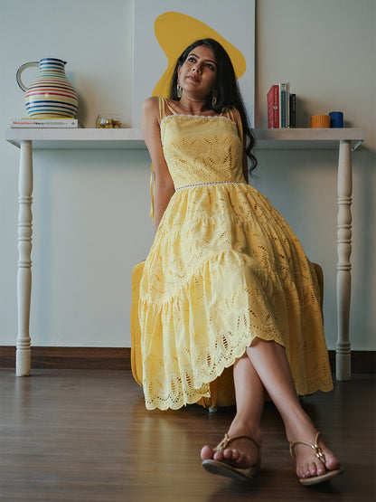 Scintillating Yellow Schiffli Embroidered Pure Cotton Dress