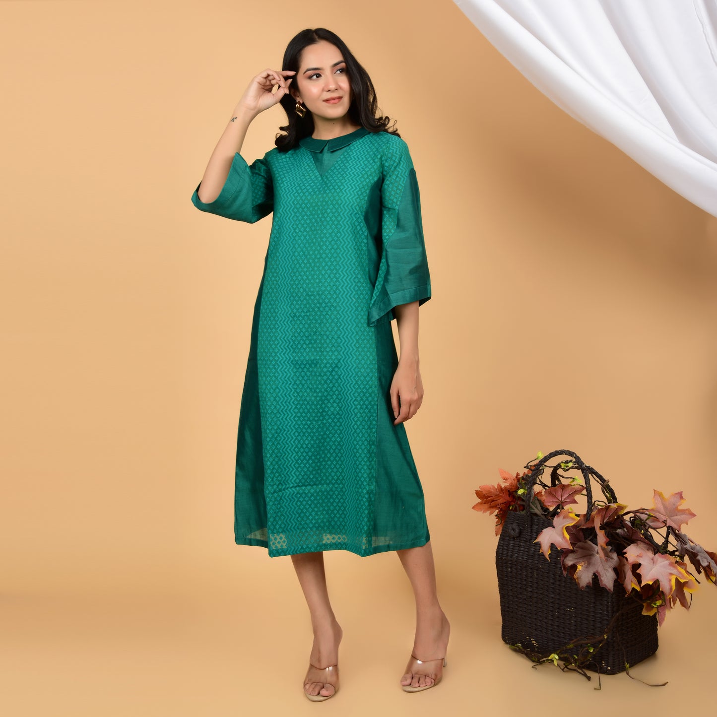 Enchanting Emerald Chanderi Self-Design Dress