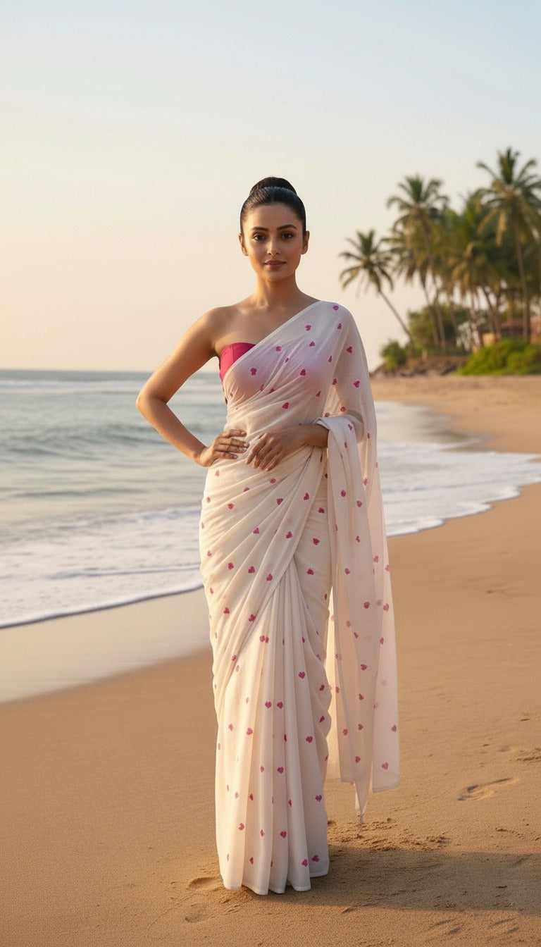 Sensational Heart Thread Embroidered Pure Mul Cotton Saree