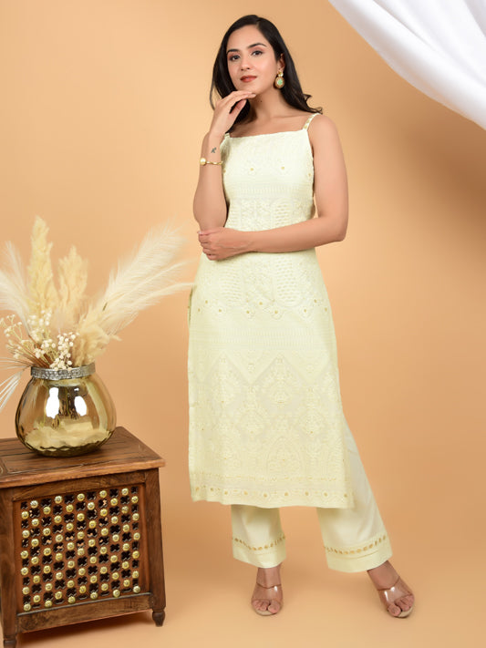 Pista Green Sleeveless Chikankari Kurta & Pant (set of 2)