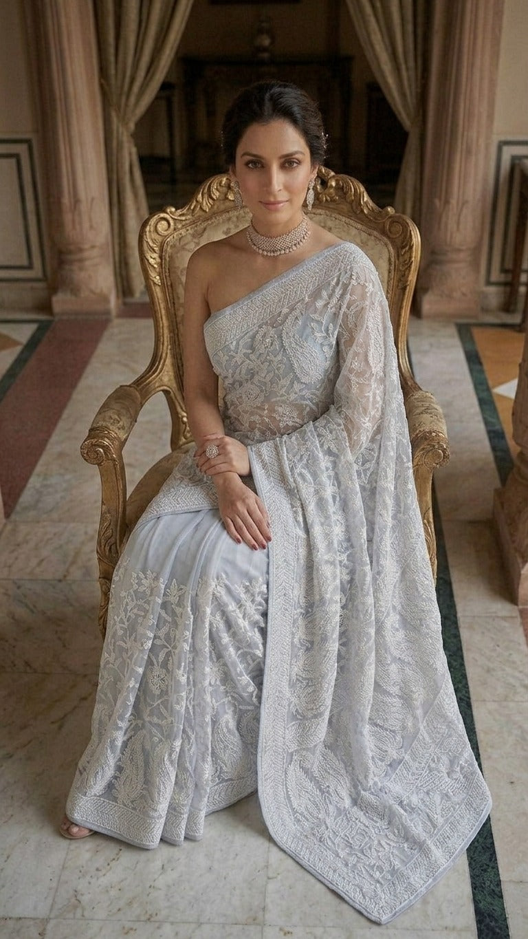 Icy Blue Pure Georgette Heavy Chikankari Embroidery Saree with Blouse Fabric