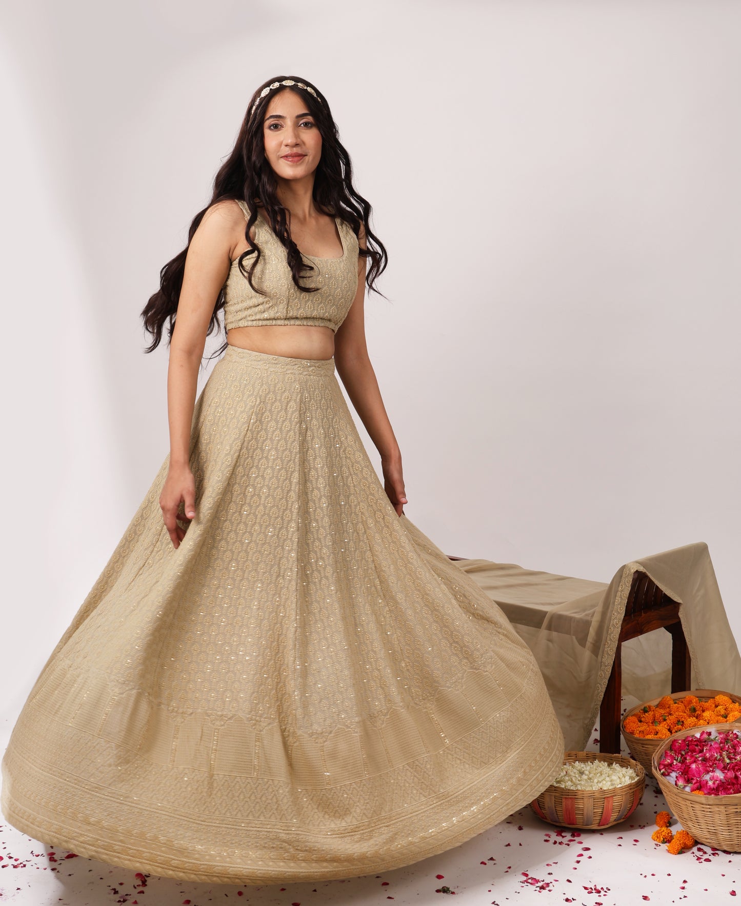 Regalia Heavy Embroidered Chikankari Lehenga Set (Set of 3)