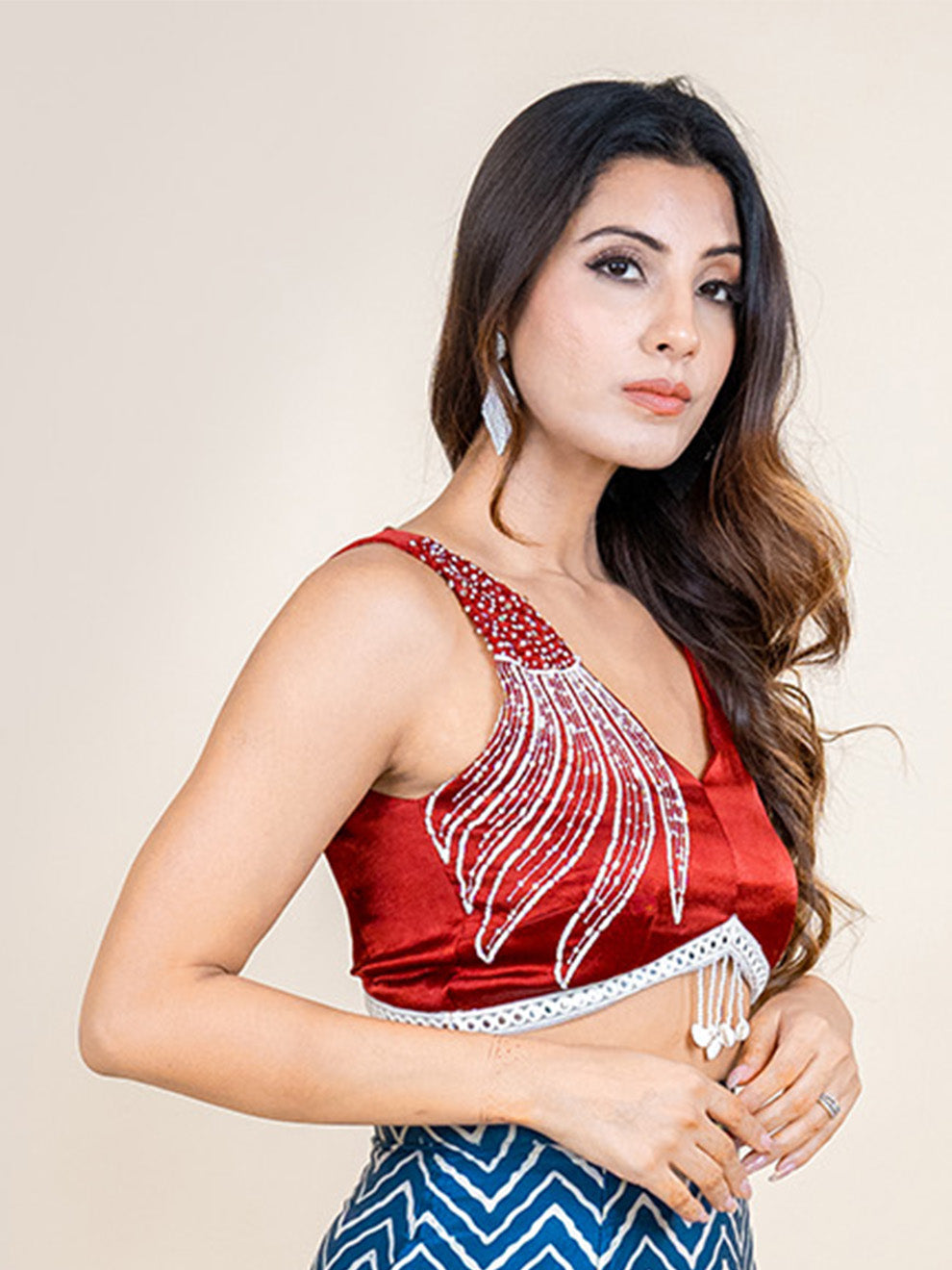Maroon Silk Hand-embroidered V-neck Silk Blouse