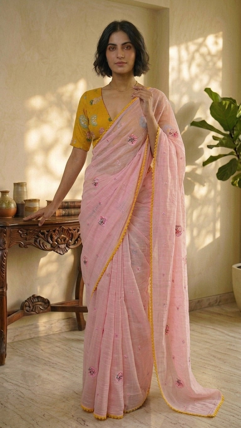 Charming Pastel Pink Embroidered Mul Chanderi Saree with Embroidered Blouse Fabirc
