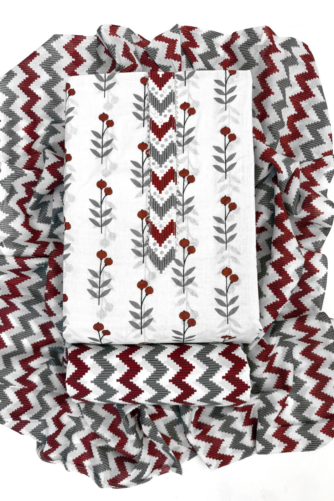 Maroon & Grey Geometric Chevron Cotton Unstitched Salwar Suit Set