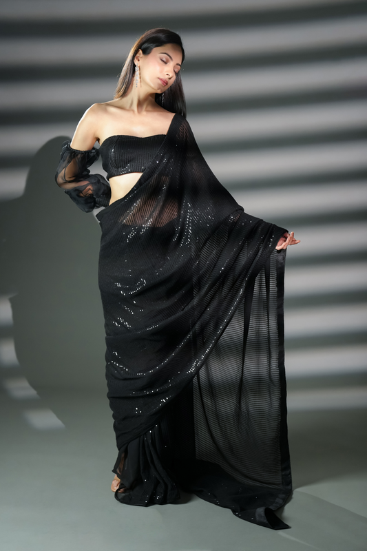 Dazzling Black Premium Sequin Saree with Blouse Fabric