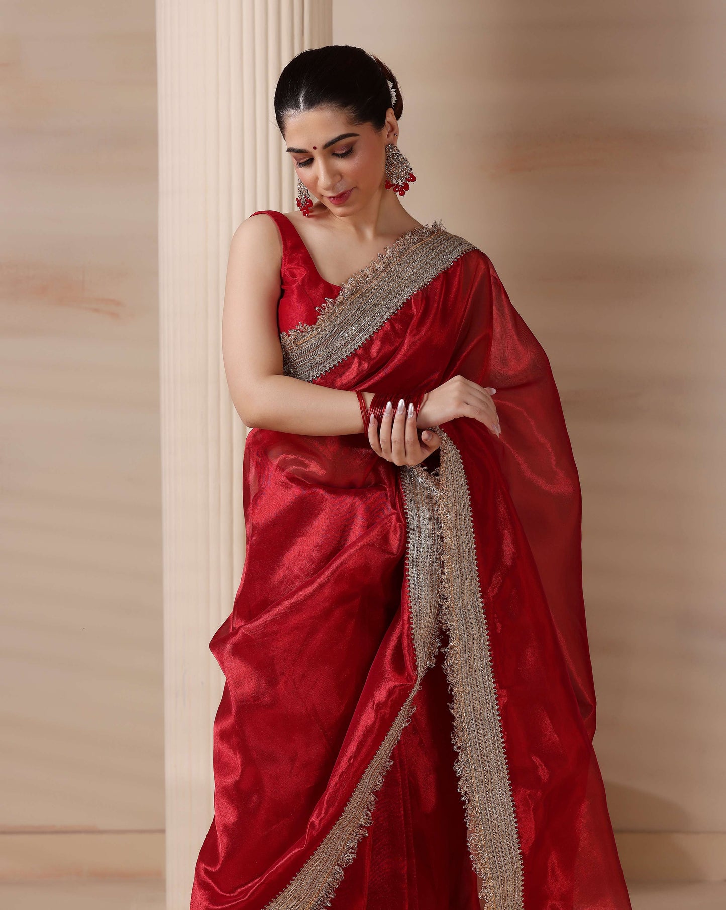 Ravishing Scarlet Radiance Tissue Saree with Luxe Hand Embellished Border