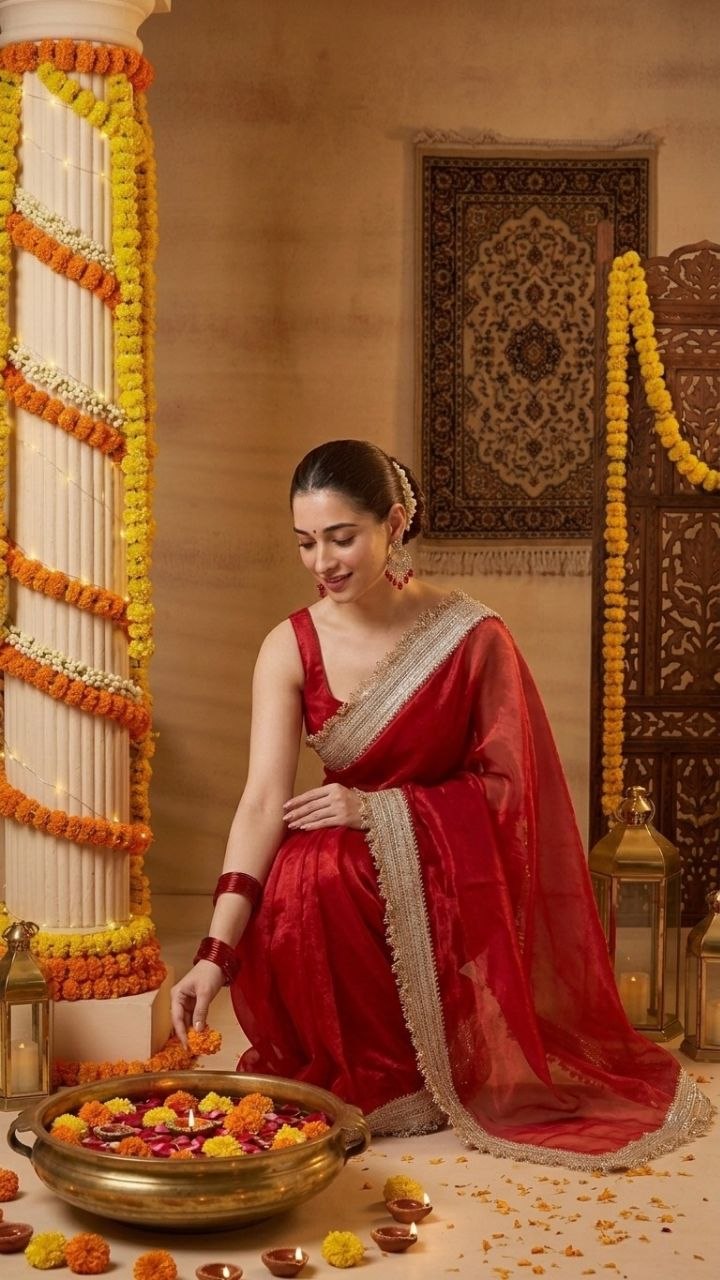 Ravishing Scarlet Radiance Tissue Saree with Luxe Hand Embellished Border & Blouse Fabric