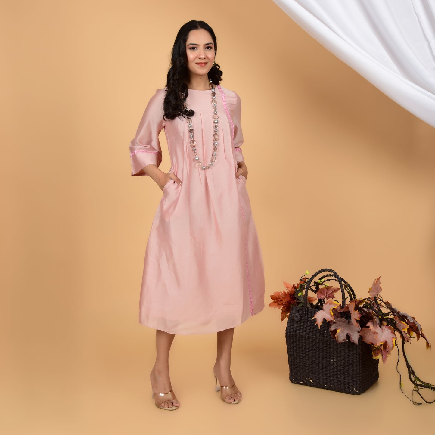 Summer Breeze Peach Lace Chanderi Dress
