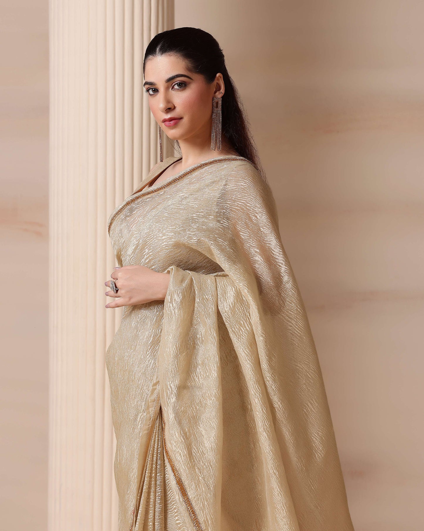 Regal Silver Gold Shimmer Embellished Crush Tissue Saree with Blouse Fabric