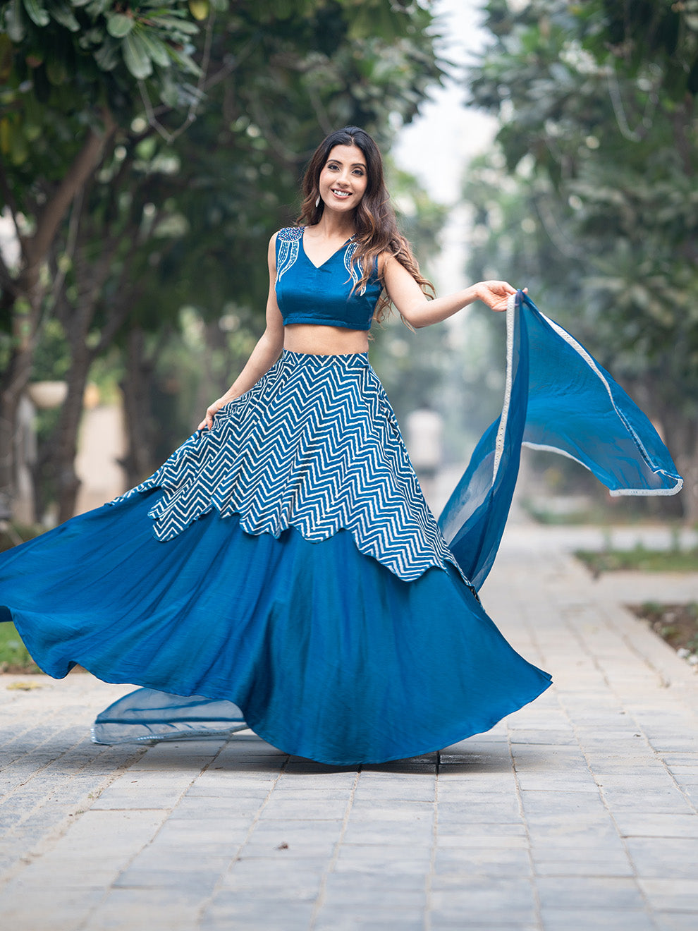 Rich Blue Silk Hand-embroidered Blouse and Double Skirt Lehenga Set