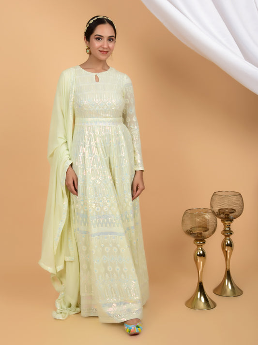 Luxurious Sequins Chikankari Anarkali with Dupatta & Belt