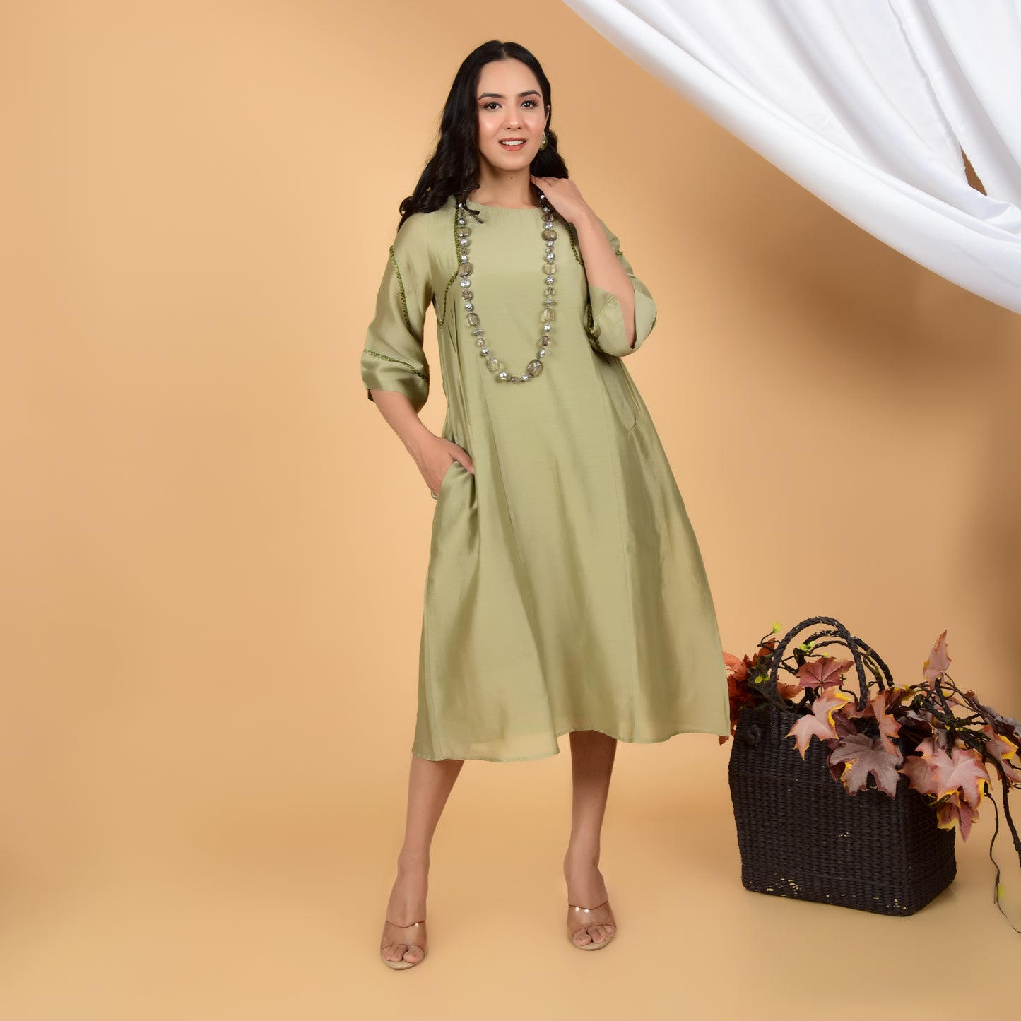 Earthy Green Chanderi Ethnic Dress