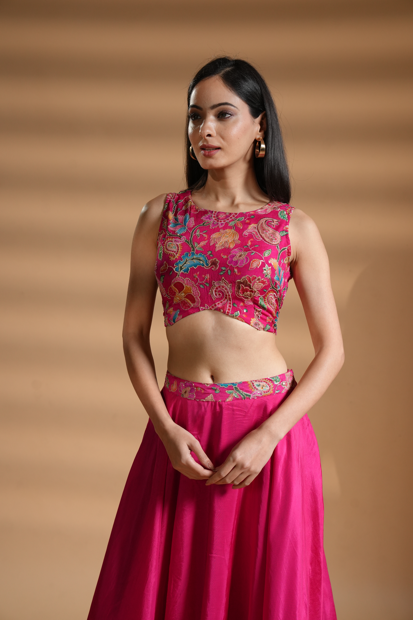 Azalea Pink Floral Embroidered Silk Skirt Set