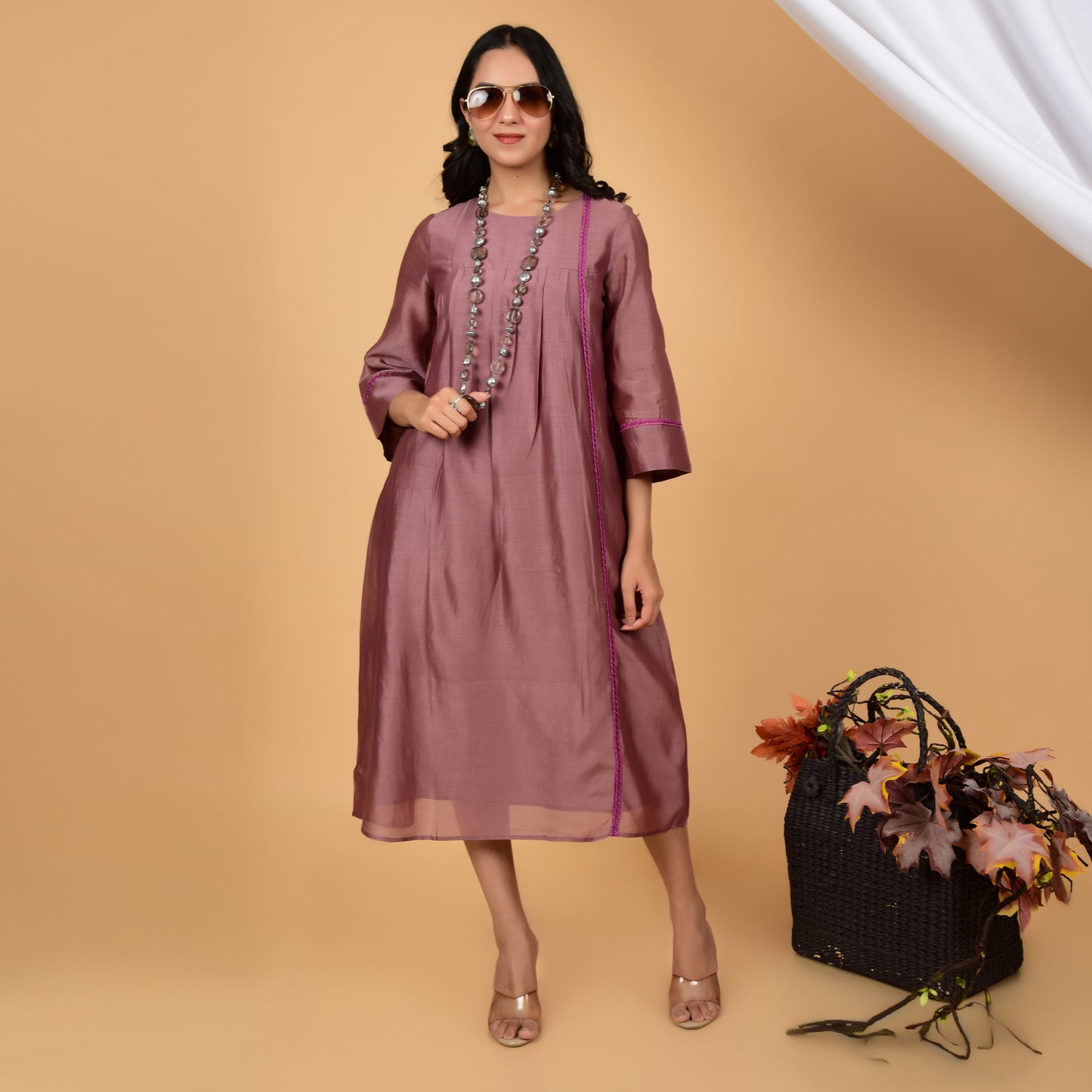 Ethereal Rose Taupe Chanderi Ethnic Dress