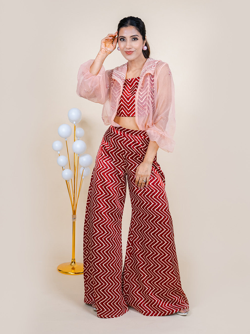 Regal Elegance Hand-embroidered Silk Co-ord Set with Jacket (Set of 3)