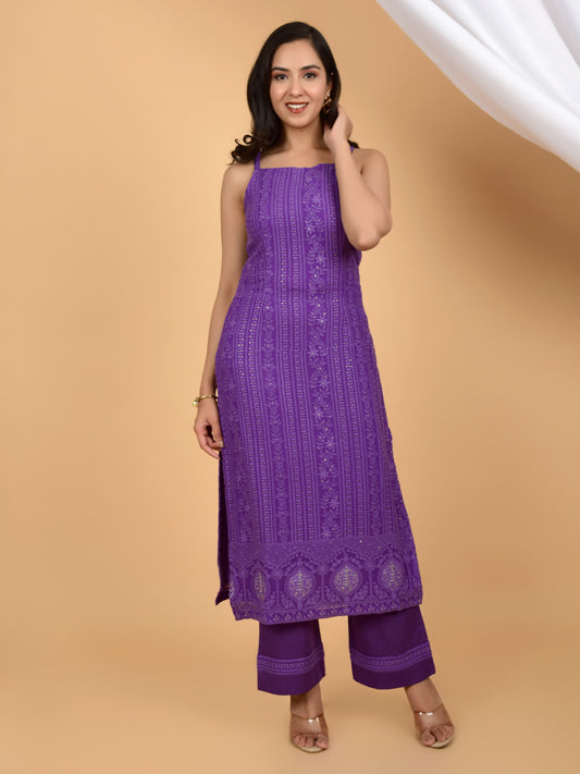 Purple Sleeveless Chikankari kurta and Pant (Set of 2)