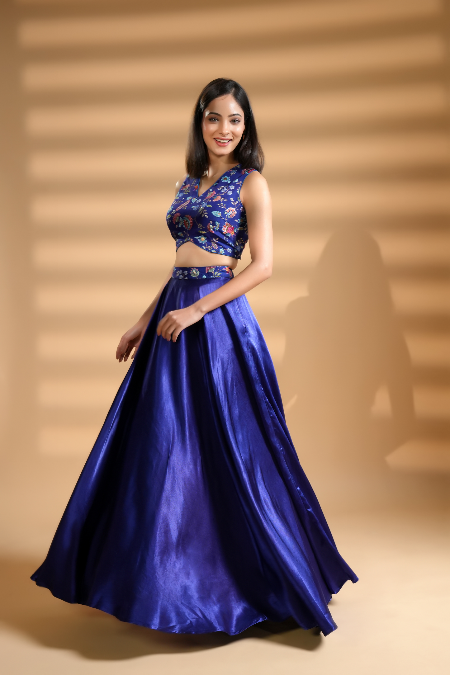 Designer Floral Embroidered Blue Silk Skirt Set