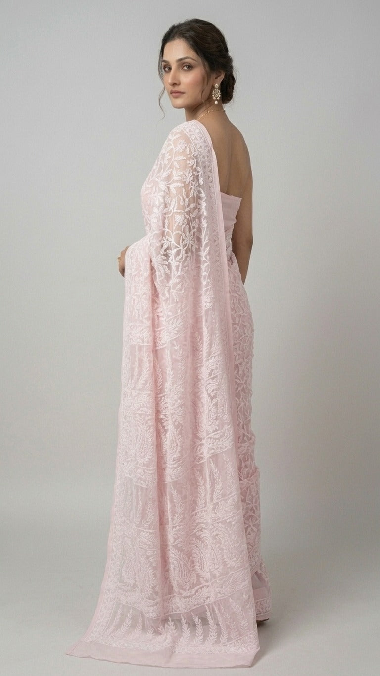 Blush Pink Pure Chikankari Georgette Heavy Embroidery Saree with Blouse Fabric