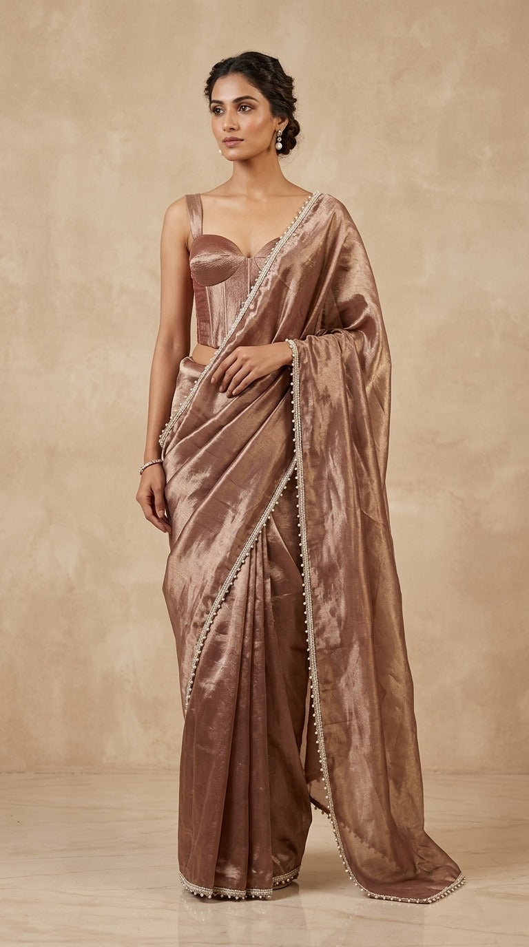Mesmeric Brown Tissue Silk Saree with Pearl Detailing & Blouse Fabric