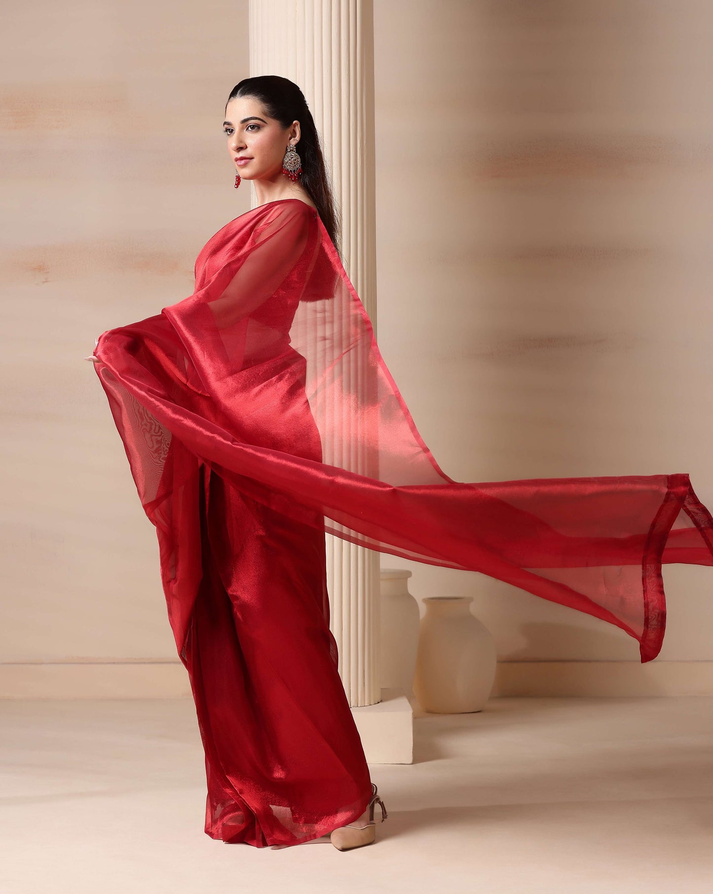 Elegant Red Glow Premium Tissue Saree with Blouse Fabric