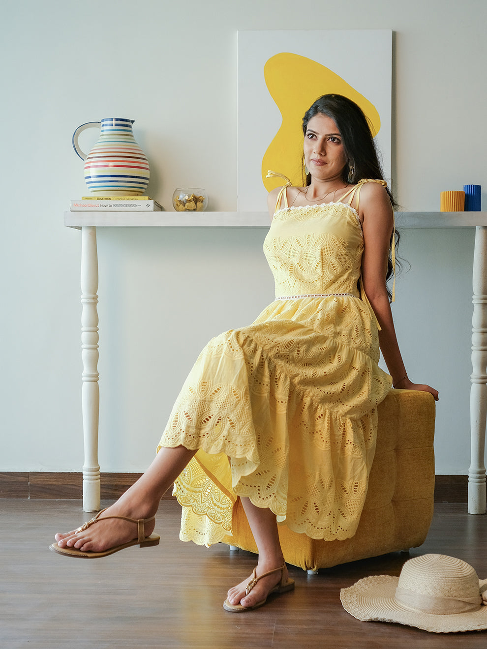 Scintillating Yellow Schiffli Embroidered Pure Cotton Dress
