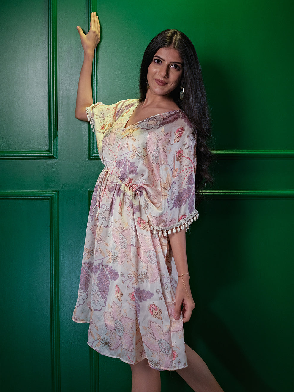 Enchanting Floral Silk Kaftan Style Dress with Embroidered lace and Inner