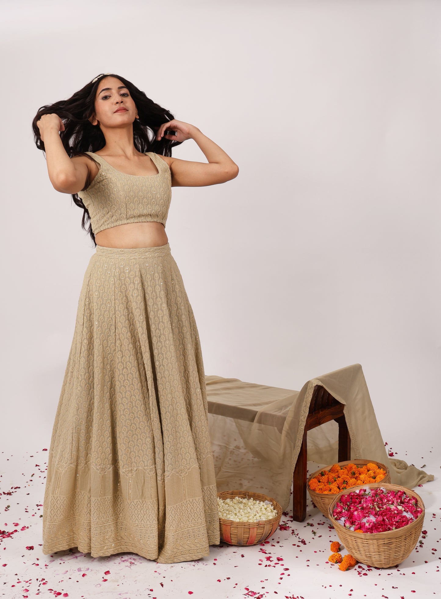 Regalia Heavy Embroidered Chikankari Lehenga Set (Set of 3)