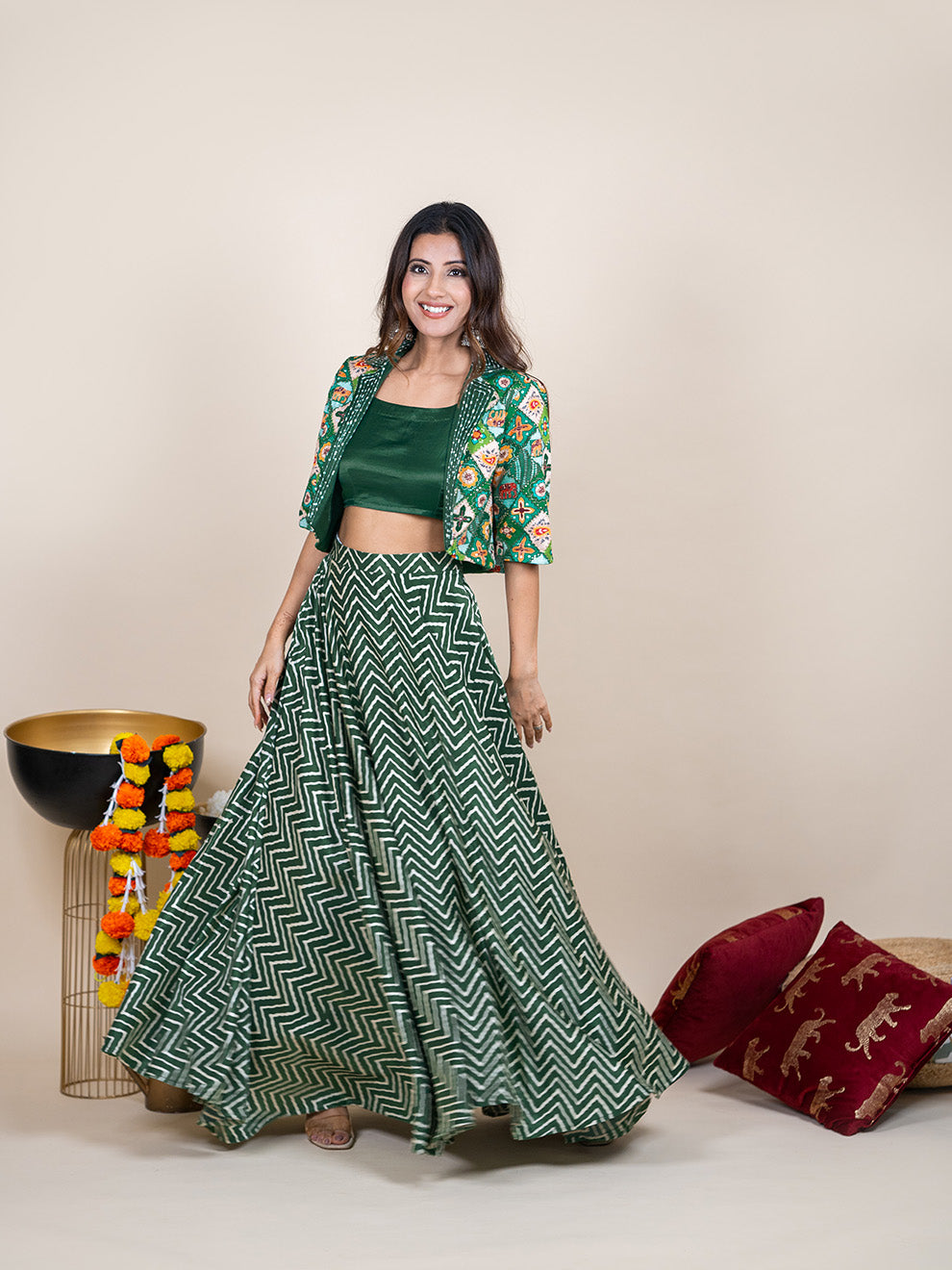 Enchanting Green Silk 3-piece Lehenga Set with Hand-Embroidered Jacket