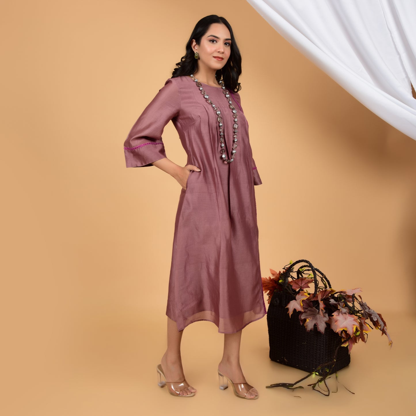 Ethereal Rose Taupe Chanderi Ethnic Dress